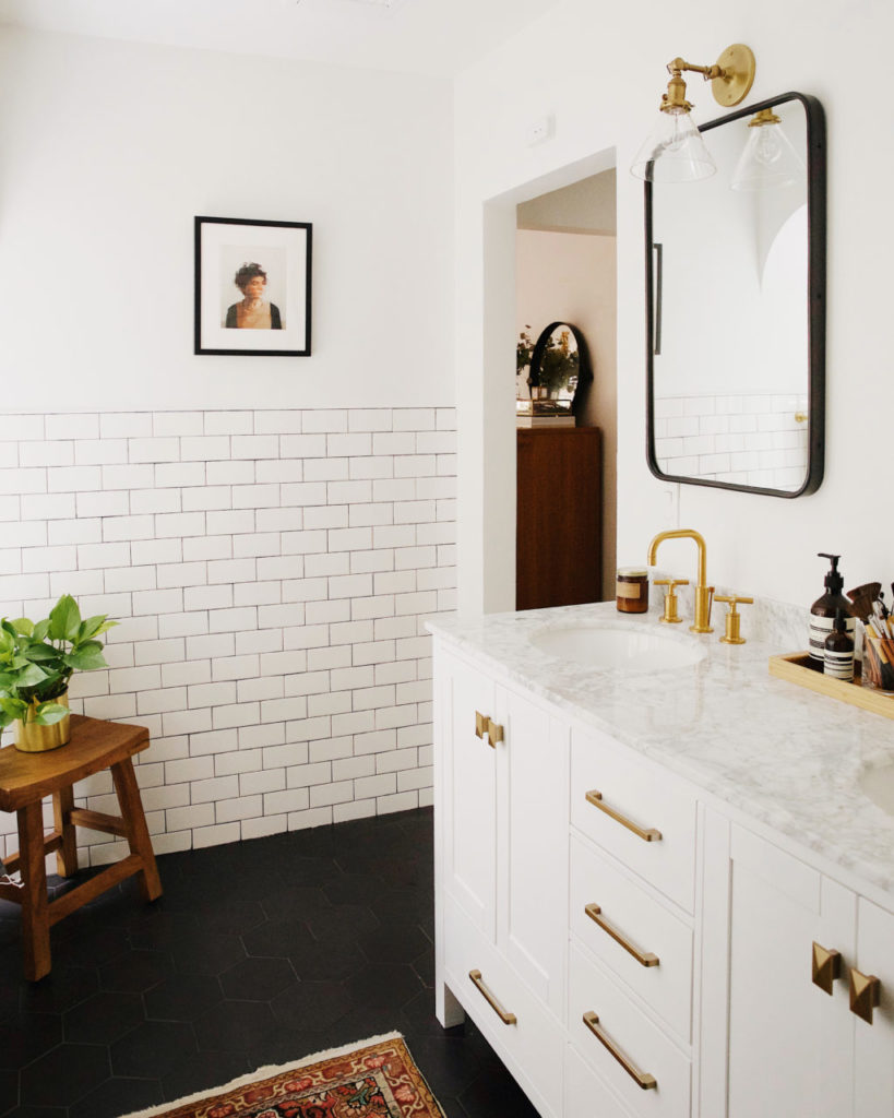 Before and After Master Bathroom Reveal Black Hexagon Tile Marble Vanity