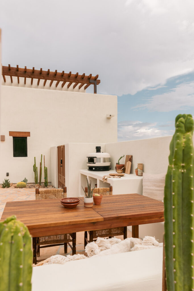 cactus built in planter - outdoor kitchen - stucco Mediterranean style - southwest desert backyard